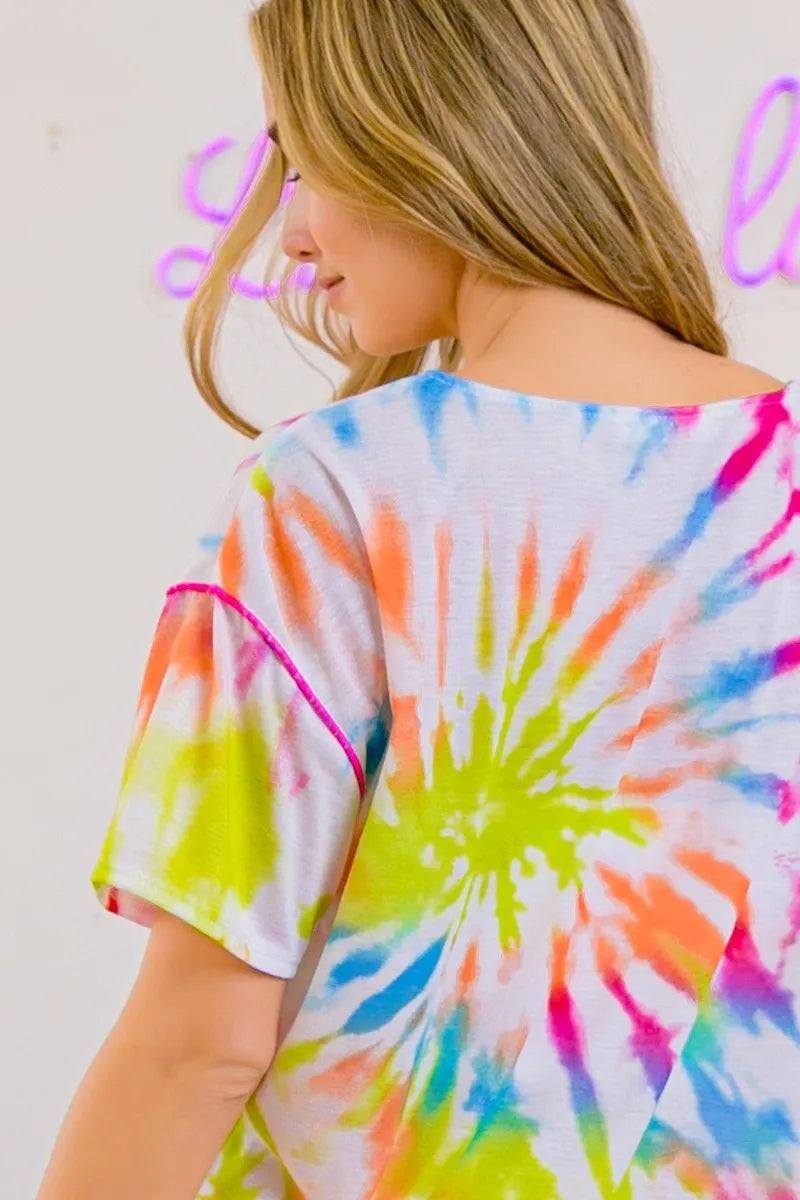 Image of BiBi Tie Dye Print Jersey Stitched V Neck Top | Queeble.shop