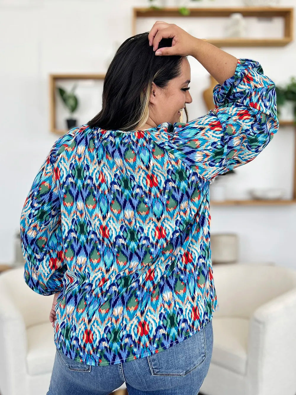 Image of Double Take Full Size Printed Balloon Sleeve Blouse | Queeble.shop