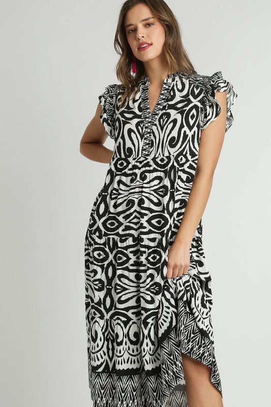 Image of Umgee Full Size Two Tone Border Print Ruffle Cap Sleeve Midi Dress Plus Size | Queeble.shop