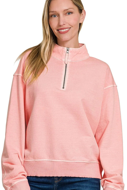 Image of Zenana F/terry Pigment Dye & Enzyme Washing Half Zip Top | Queeble.shop