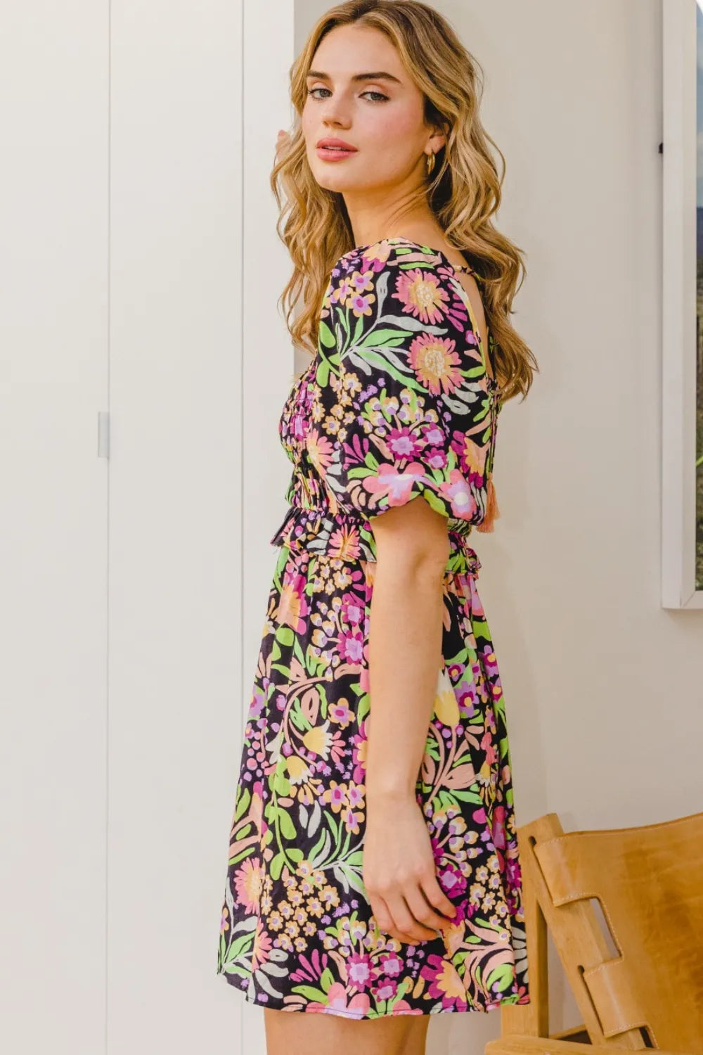 Image of ODDI Full Size Floral Tie-Back Mini Dress | Queeble.shop