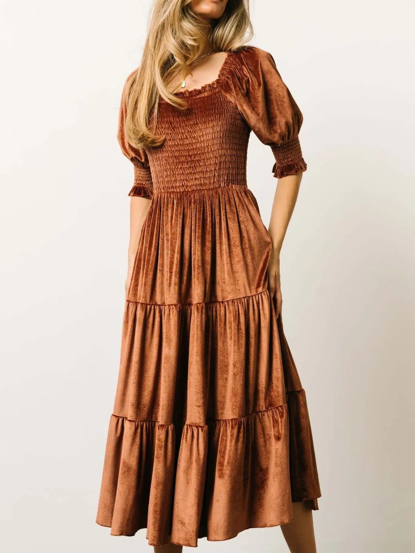 Image of Smocked Half Sleeve Tiered Midi Dress | Queeble.shop