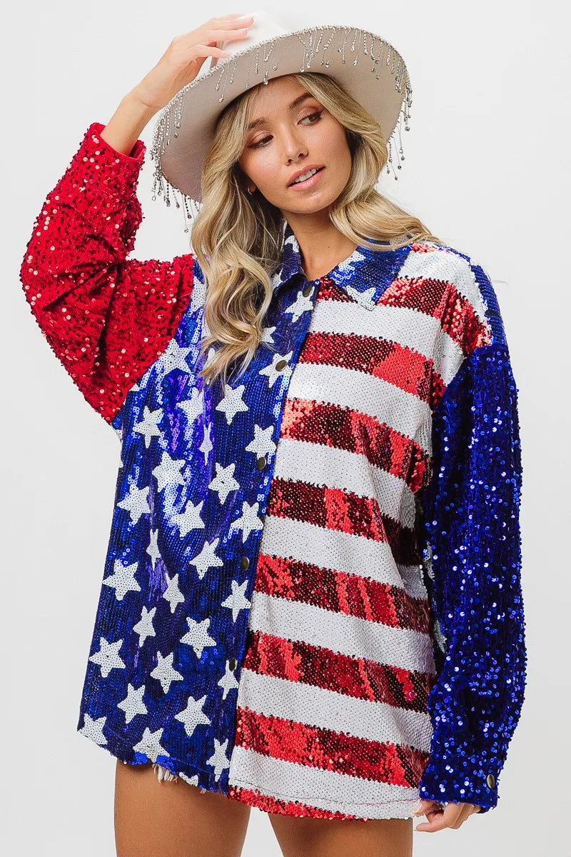 Image of BiBi Velvet Sequin American Flag Shirt | Queeble.shop