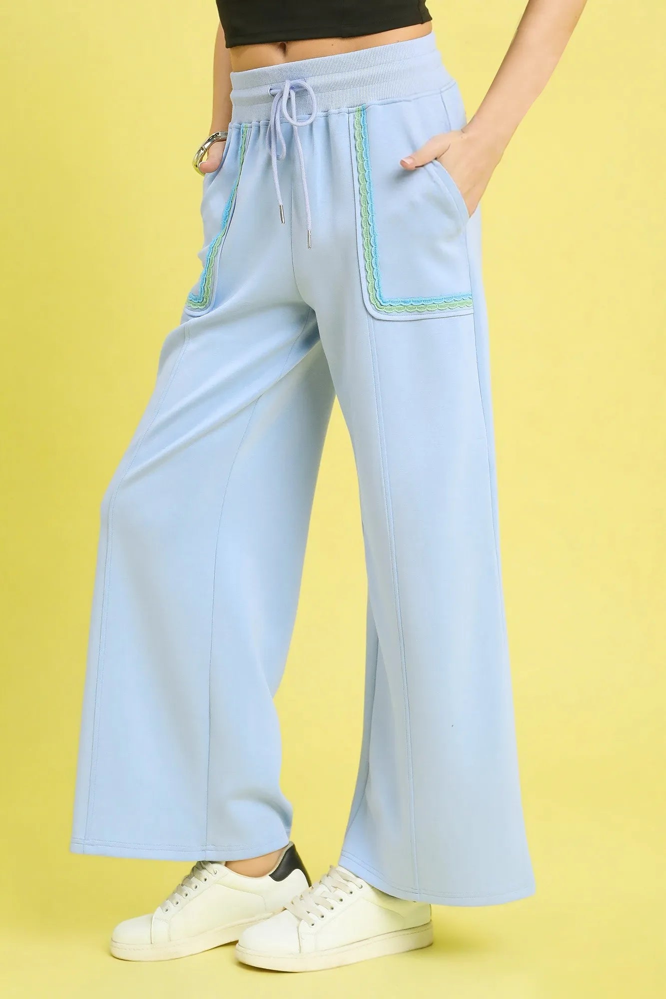 Image of Umgee Drawstring Wide Leg Pants with Scallop Trim Detail | Queeble.shop
