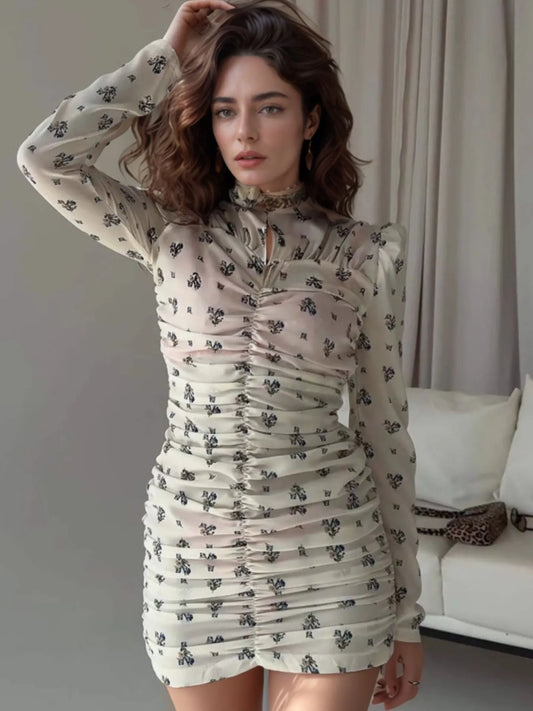 Image of Printed Ruched Long Sleeve Mini Dress | Queeble.shop