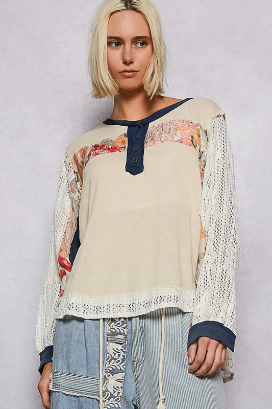 Image of POL Button Detail Floral Patchwork Crochet Sleeve Blouse | Queeble.shop