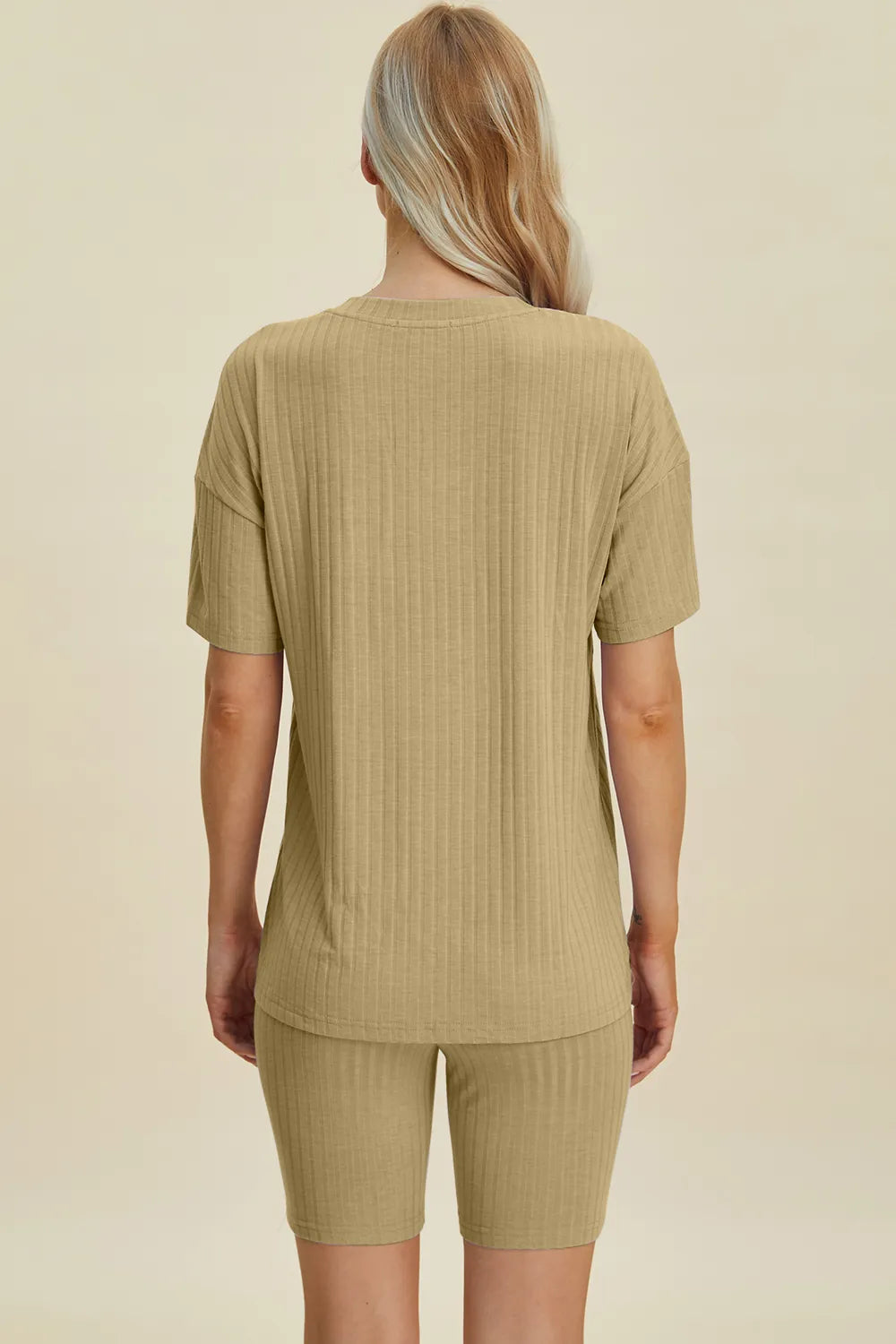 Image of Basic Bae Full Size Ribbed V-Neck Short Sleeve Top and Shorts Set | Queeble.shop