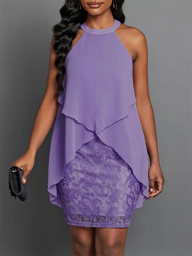 Image of Halter Neck Layered Lace Mini Dress | Queeble.shop