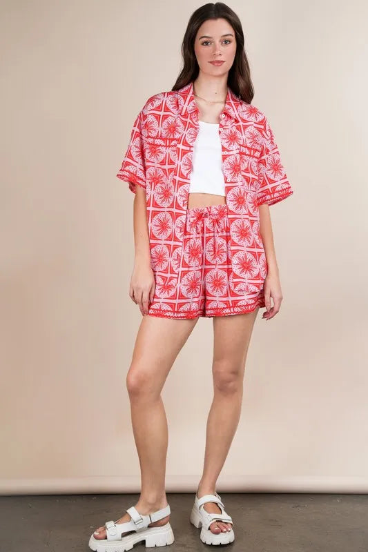 Image of VERY J Full Size Tropical Printed Shirt Top and Shorts Set Plus Size | Queeble.shop