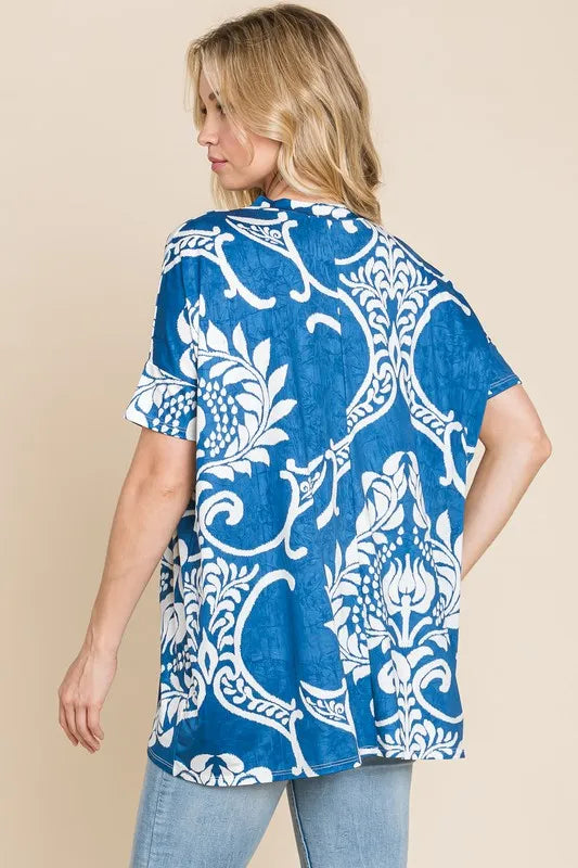 Image of BOMBOM Printed Relaxed V-Neck Tunic Top | Queeble.shop