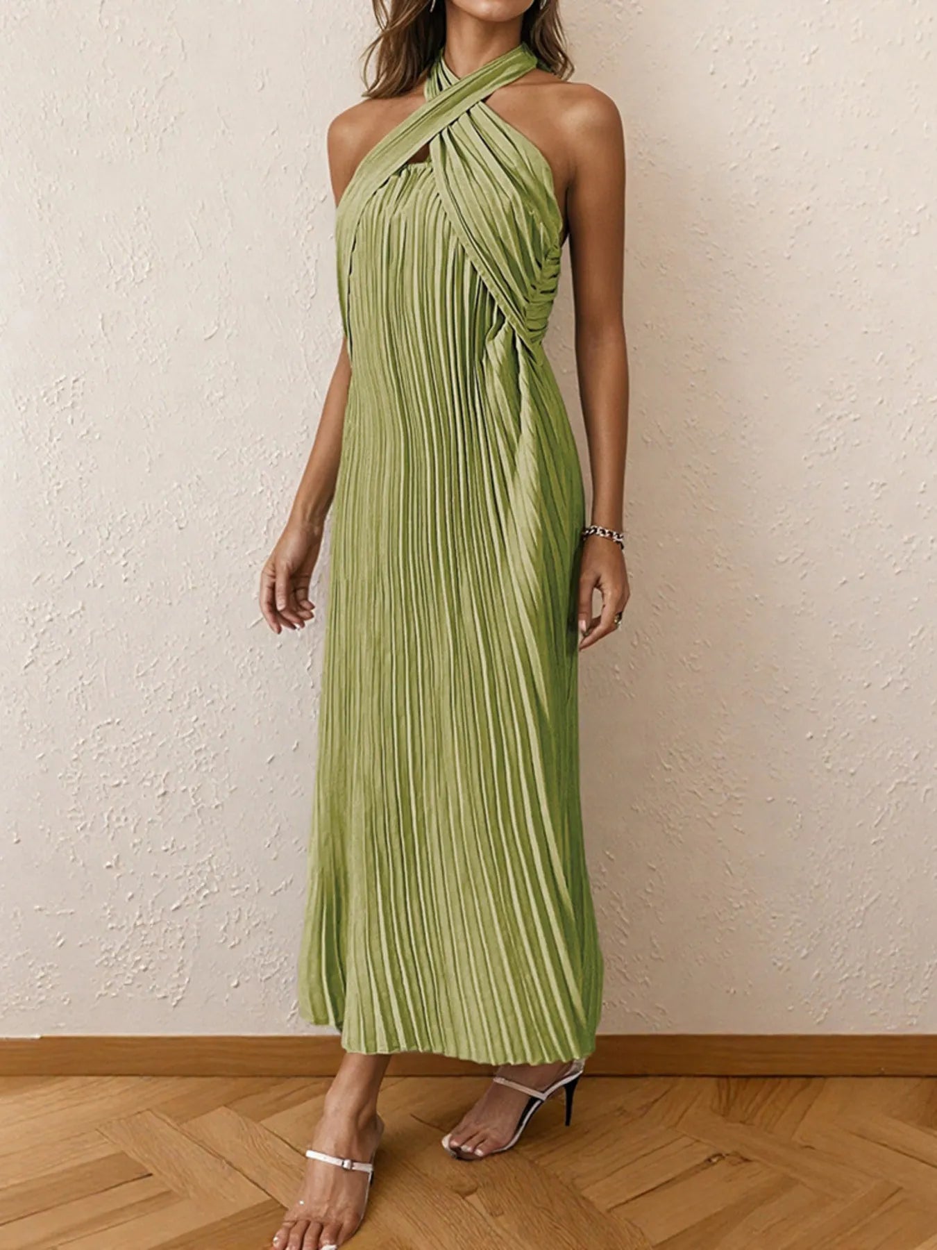 Image of Pleated Halter Neck Midi Dress | Queeble.shop