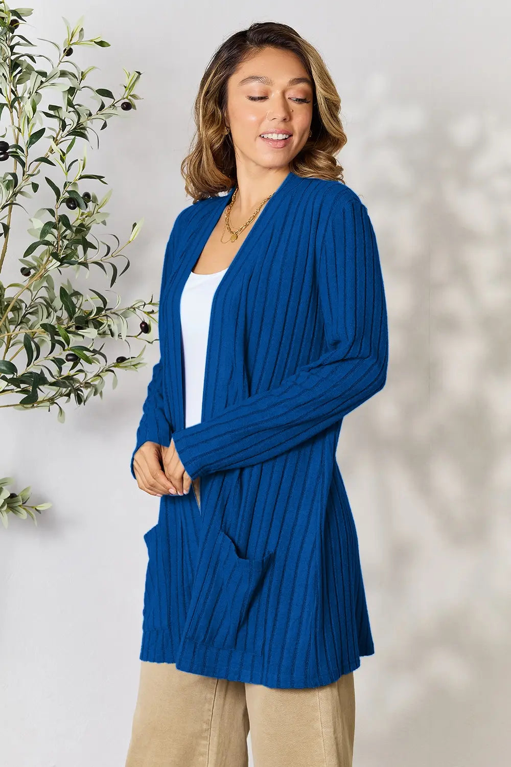 Image of Basic Bae Full Size Ribbed Open Front Cardigan with Pockets | Queeble.shop
