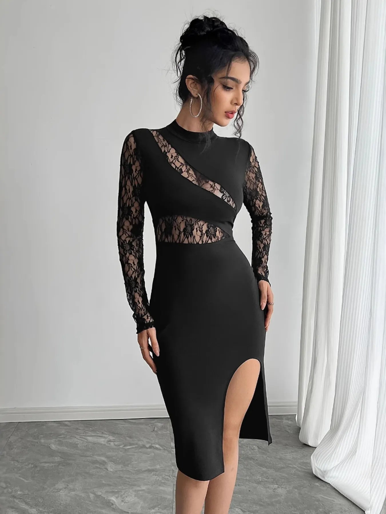 Image of Lace Mock Neck Slit Dress | Queeble.shop