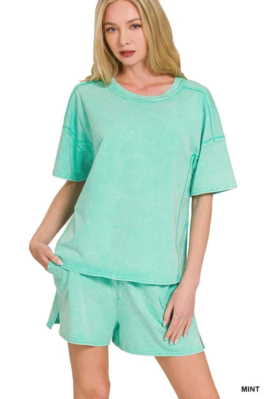 Image of Zenana Acid Washed Short Sleeve Tee & Shorts Set | Queeble.shop