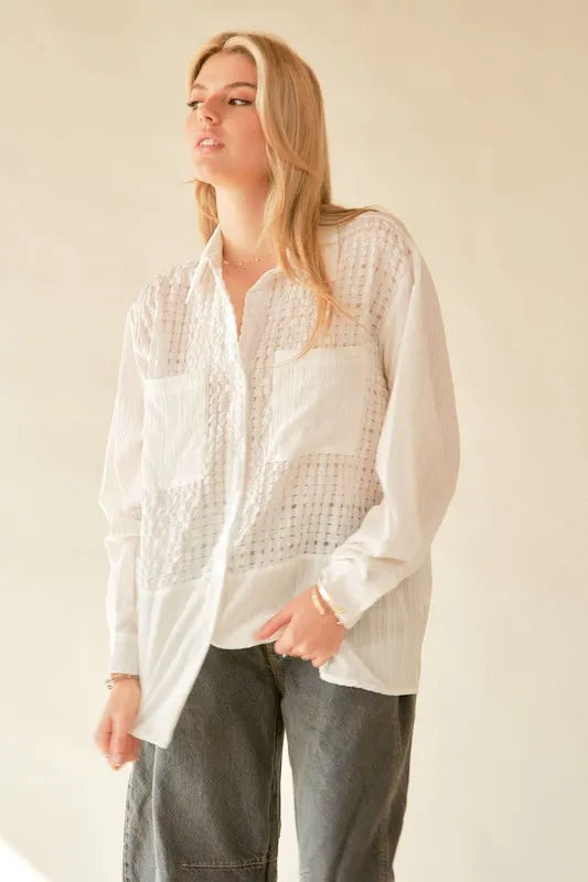 Image of Davi & Dani Crinkled Jacquard Button Down Shirt | Queeble.shop