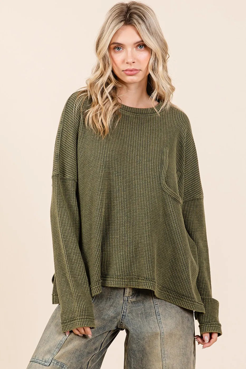 Image of Mittoshop Mineral Wash Cutout Pocket Long Sleeve Waffle Top | Queeble.shop