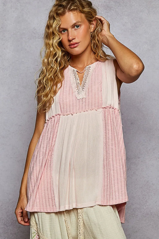 Image of POL Lace Trim Two-Tone Tank with Pintuck Detail | Queeble.shop