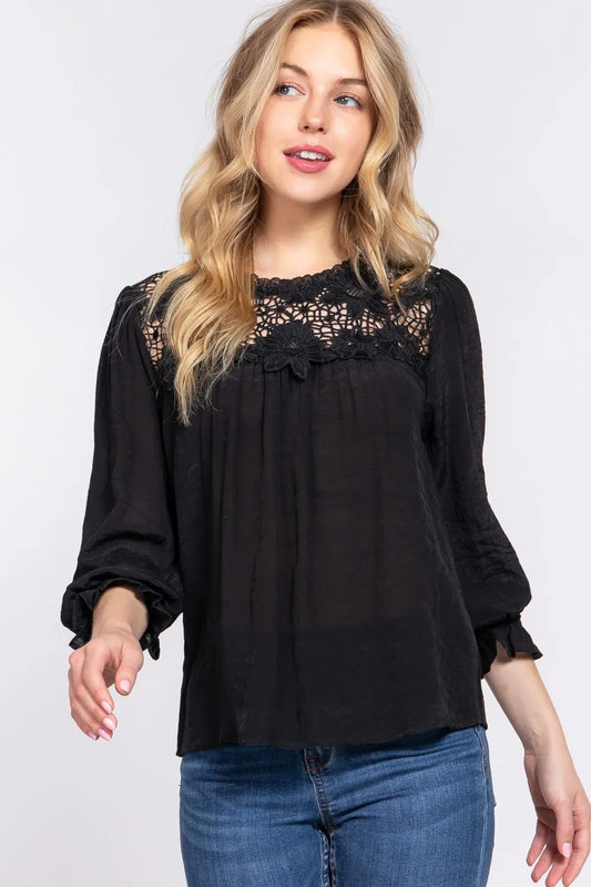 Image of ACTIVE BASIC Crochet Lace Panel Flounce Sleeve Blouse | Queeble.shop