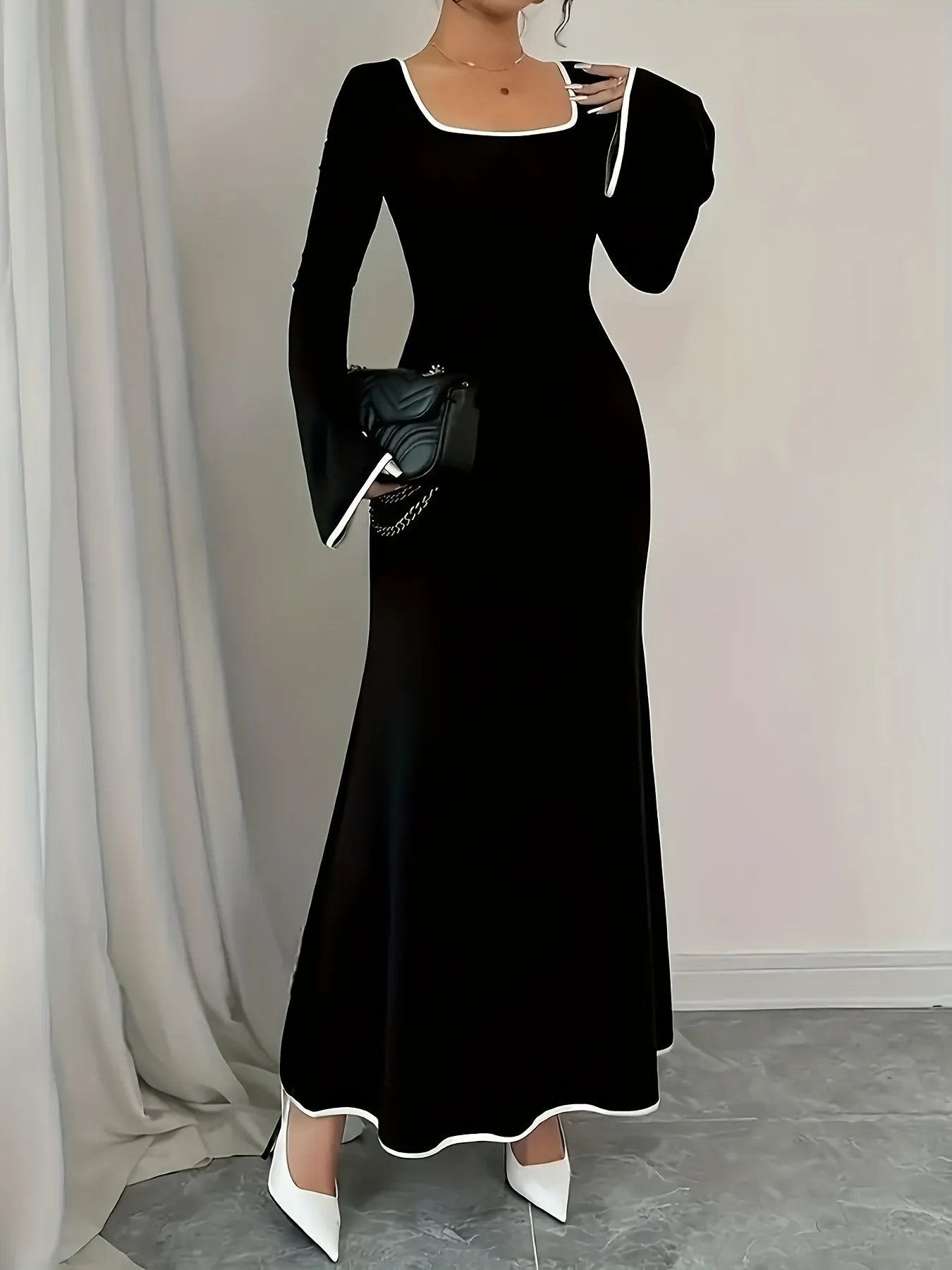 Image of Plus Size Contrast Trim Square Neck Long Sleeve Maxi Dress | Queeble.shop
