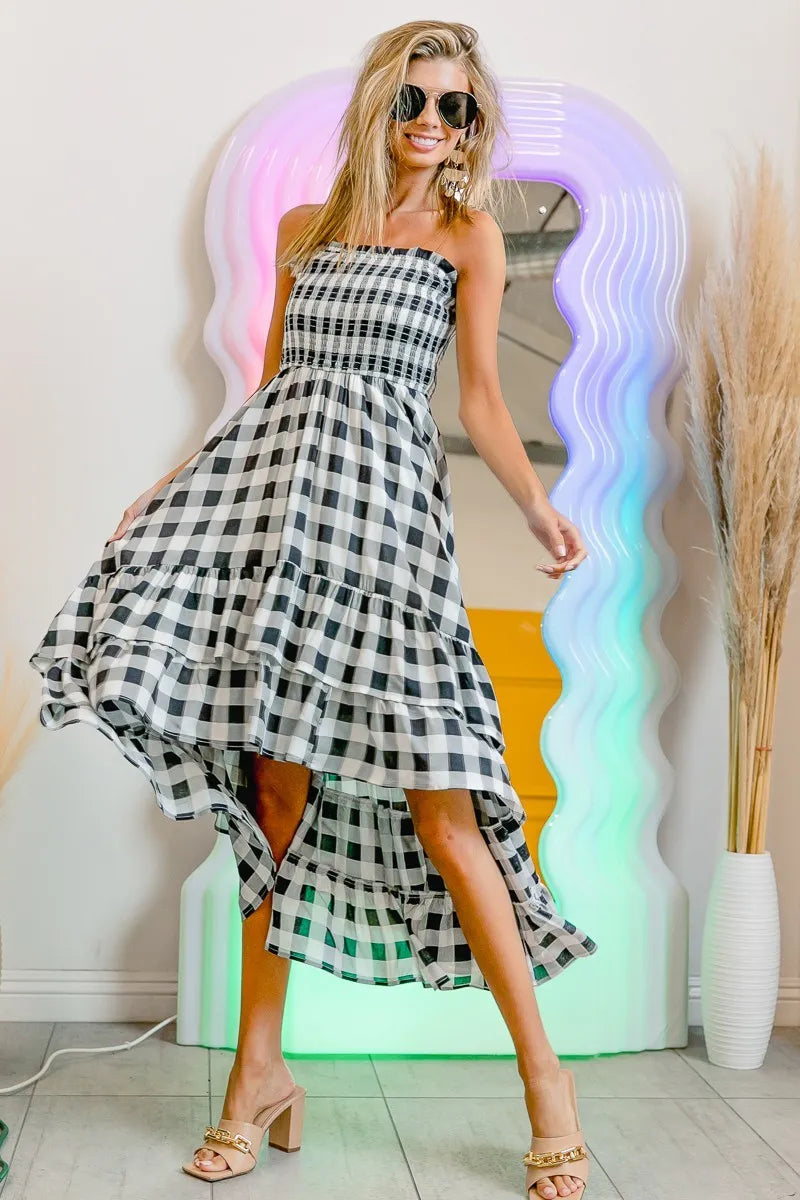 Image of BiBi Smocked Body Off Shoulder Check Dress | Queeble.shop