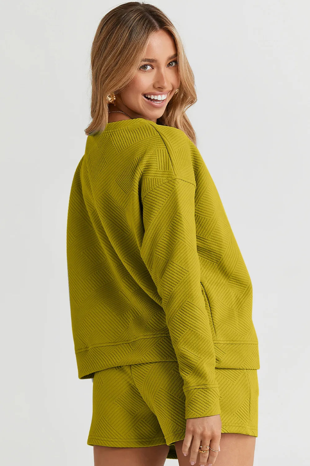 Image of Double Take Full Size Texture Long Sleeve Top and Drawstring Shorts Set | Queeble.shop