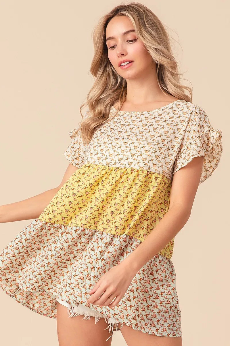 Image of BiBi Flroal Printed Woven Color Block and Tiered Top | Queeble.shop