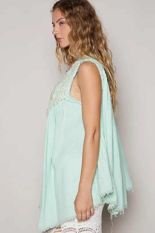 Image of POL Embroidered Pearls Open Front Sleeveless Cardigan | Queeble.shop