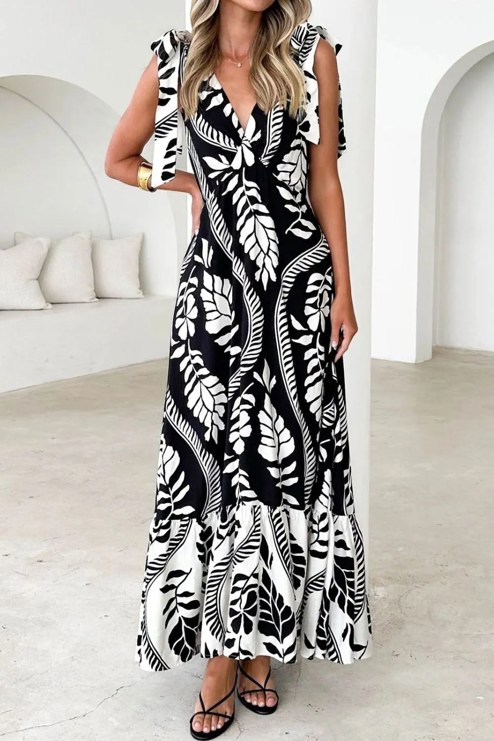 Image of Printed V-Neck Tie Shoulder Midi Cami Dress | Queeble.shop