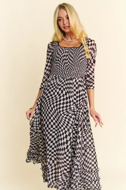 Image of Davi & Dani Printed Checker Mesh Flowy Maxi Dress | Queeble.shop
