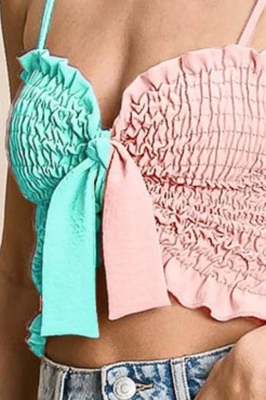 Image of BiBi Woven Color Block Smocked with Ribbon Bra Top | Queeble.shop