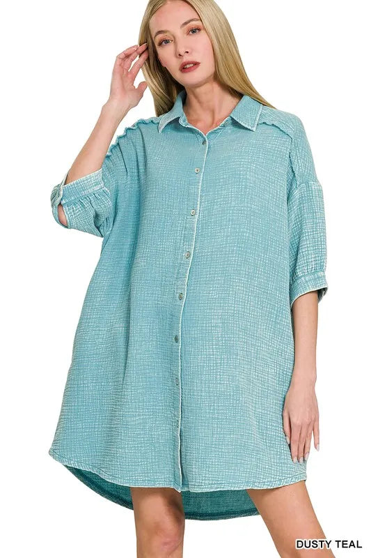 Image of Zenana Washed Double Gauze Button Down Shirt Dress | Queeble.shop
