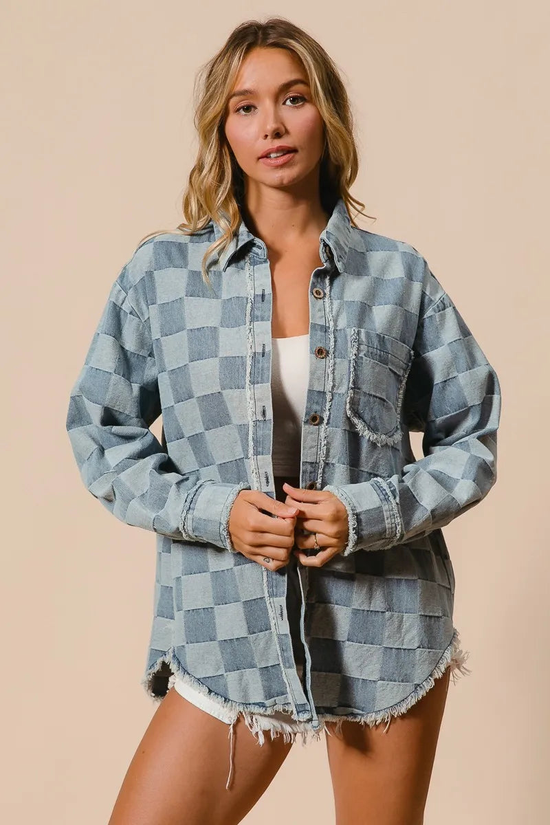 Image of BiBi Frayed Edged Detail Washed Checker Denim Shirt | Queeble.shop