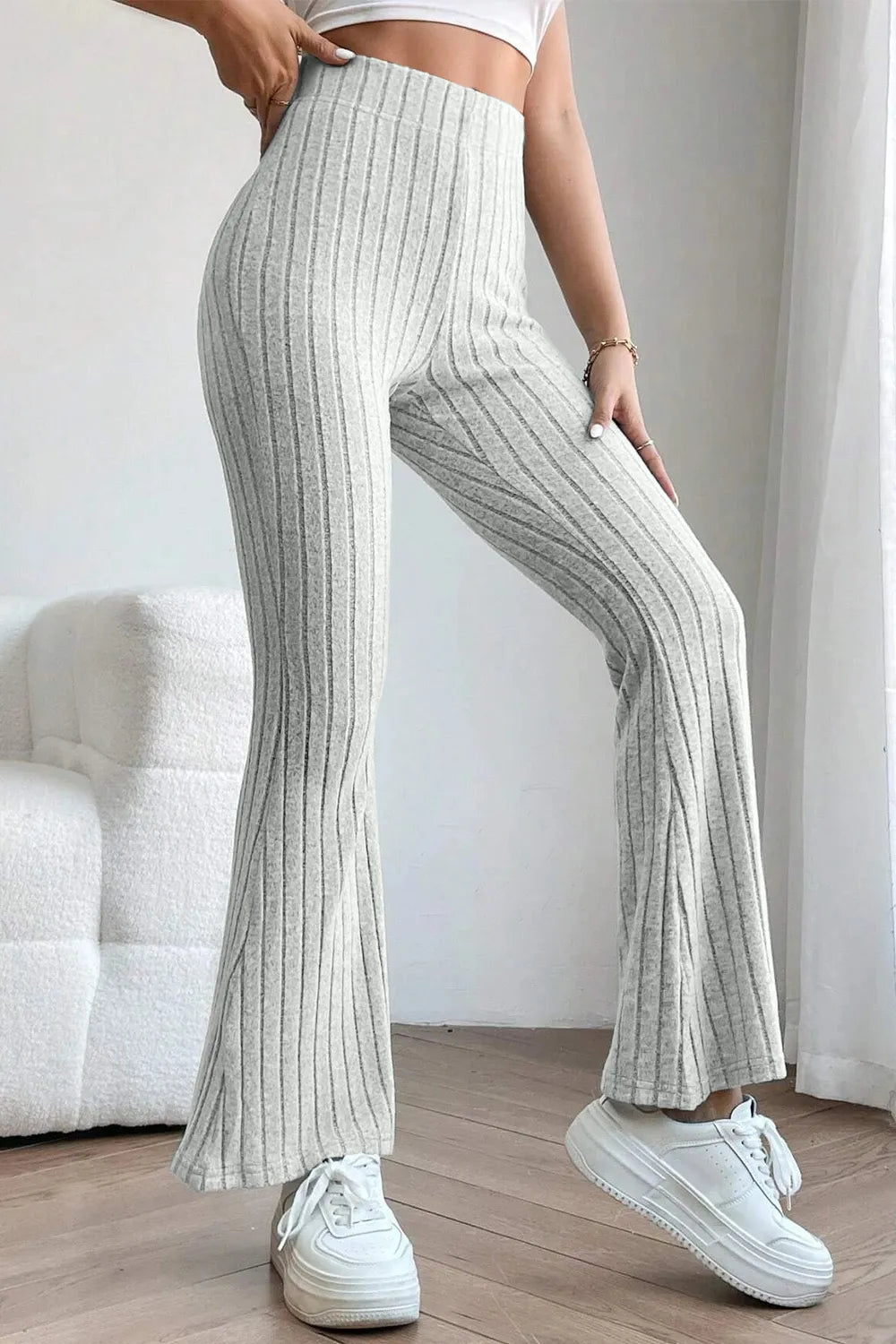 Image of Basic Bae Full Size Ribbed High Waist Flare Pants | Queeble.shop