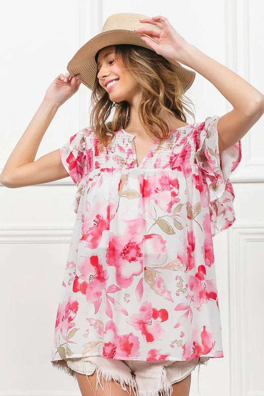 Image of BiBi Floral Print Flutter Sheer Top | Queeble.shop