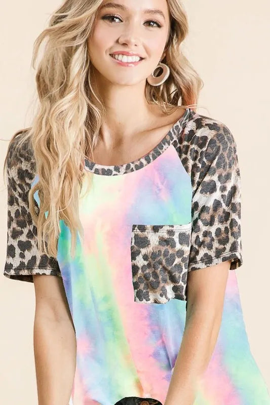 Image of BiBi Tie Dye Knit Top with Leopard Raglan Sleeves | Queeble.shop