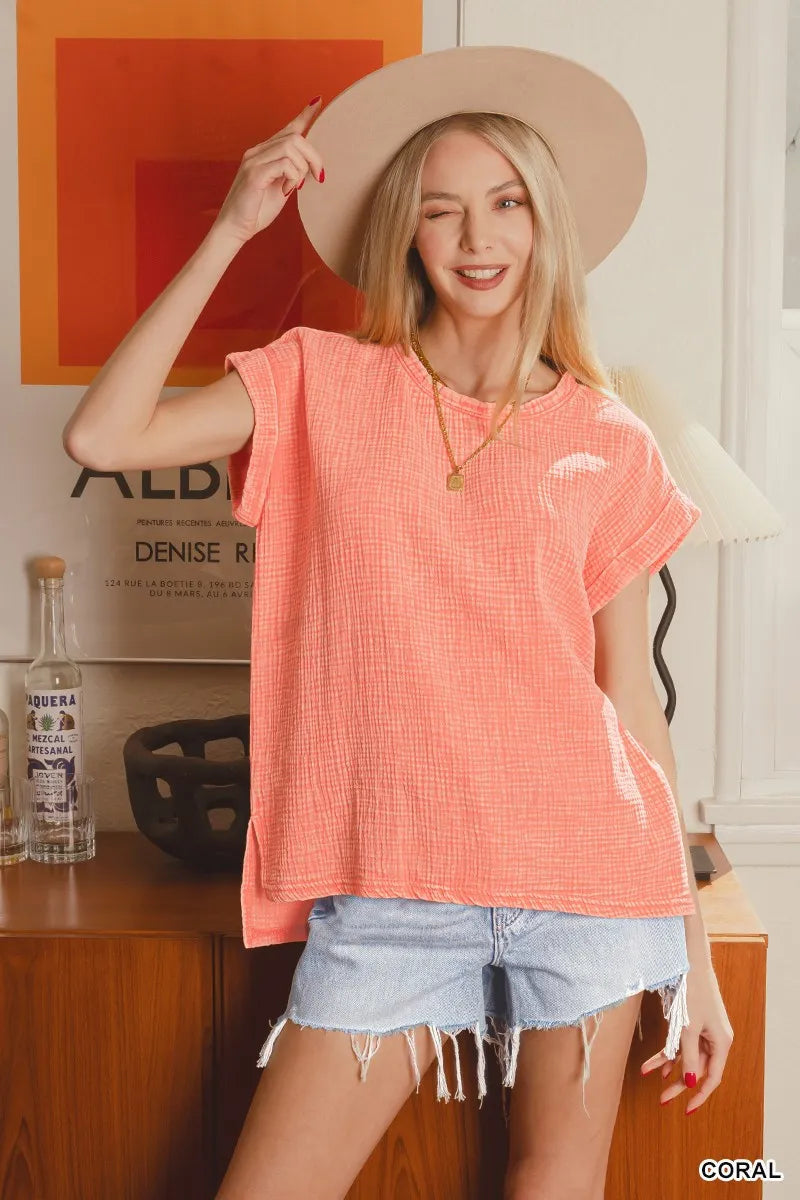 Image of Zenana Woven Double Gauze Acid Washed Short Sleeve Top | Queeble.shop