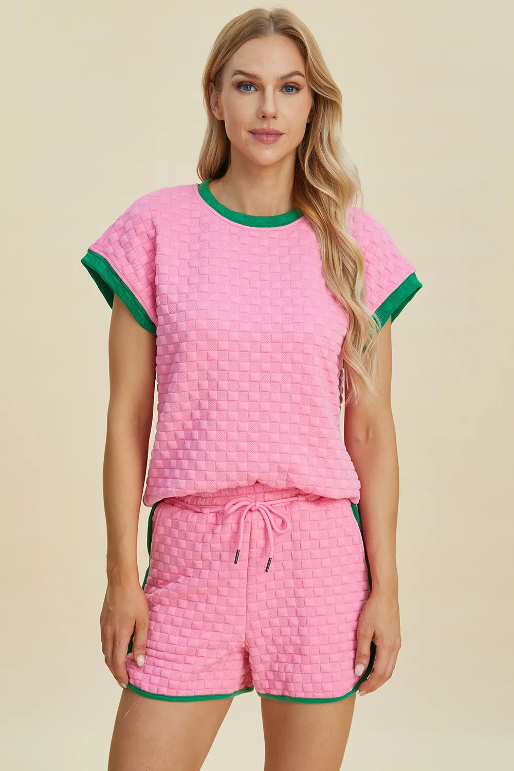 Image of Double Take Full Size Texture Contrast T-Shirt and Shorts Set | Queeble.shop