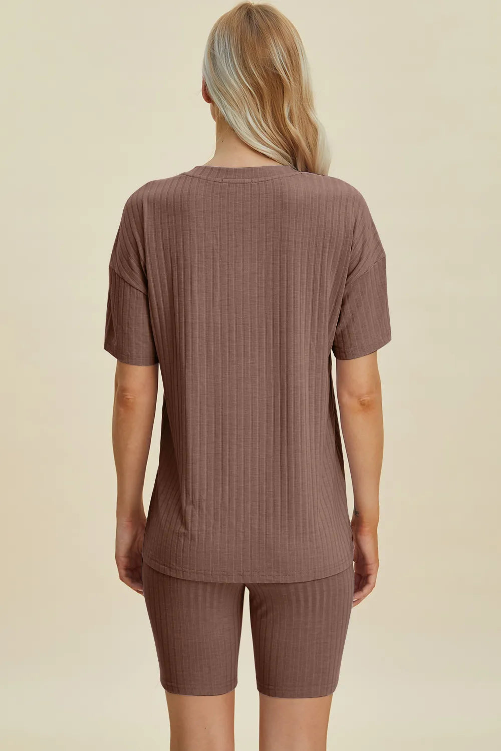 Image of Basic Bae Full Size Ribbed V-Neck Short Sleeve Top and Shorts Set | Queeble.shop