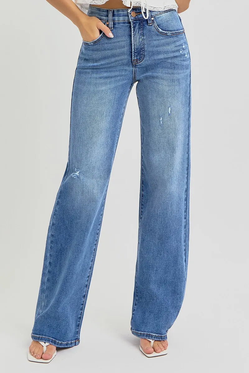 Image of RISEN Full Size Tummy Control Elastic Band High Rise Wide Jeans Plus Size | Queeble.shop