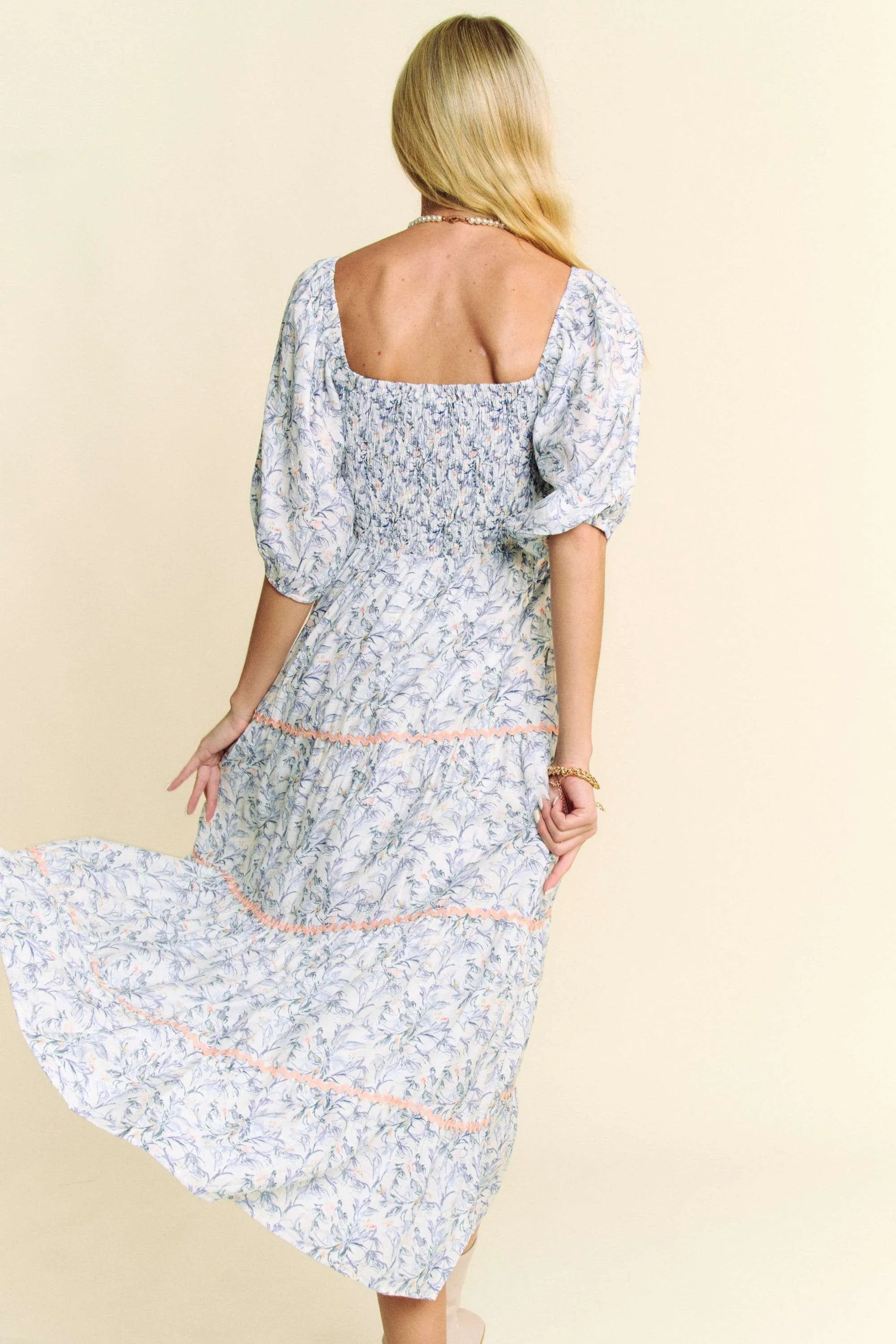 Image of Davi & Dani Contrast Ric Smocking Bodice Tiered Midi Dress | Queeble.shop