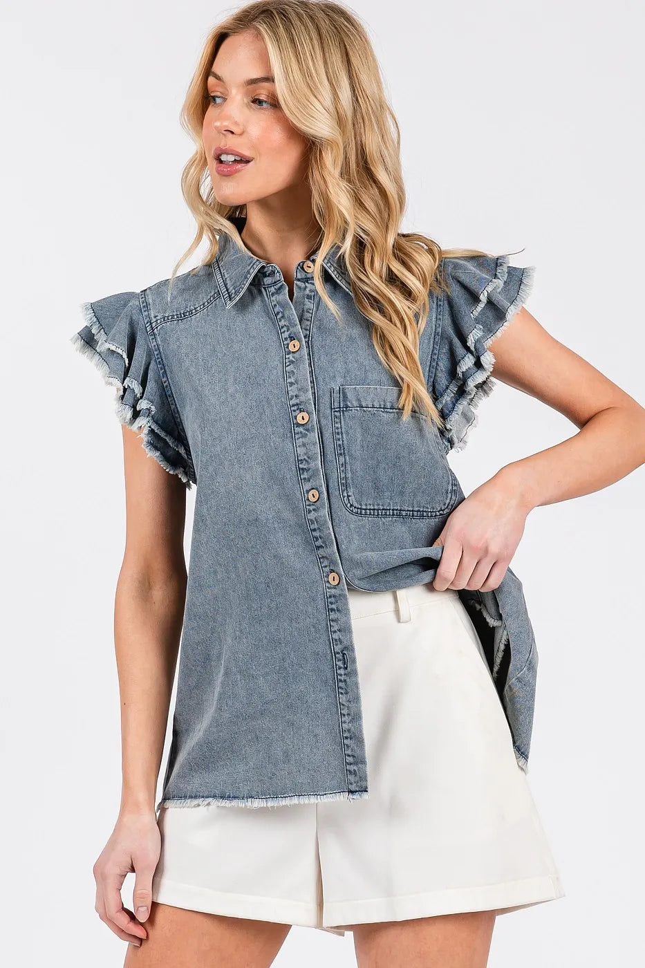 Image of Mittoshop Washed Denim Ruffle Short Sleeve Collared Shirt | Queeble.shop