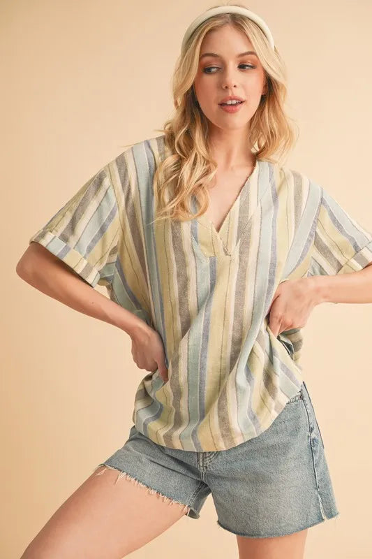 Image of Aemi+Co Side Slit Striped Short Sleeve Blouse | Queeble.shop