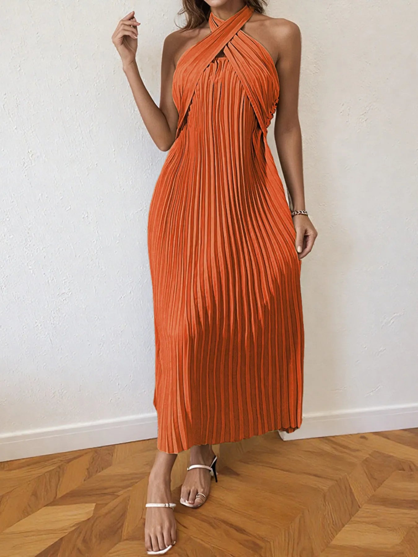 Image of Pleated Halter Neck Midi Dress | Queeble.shop