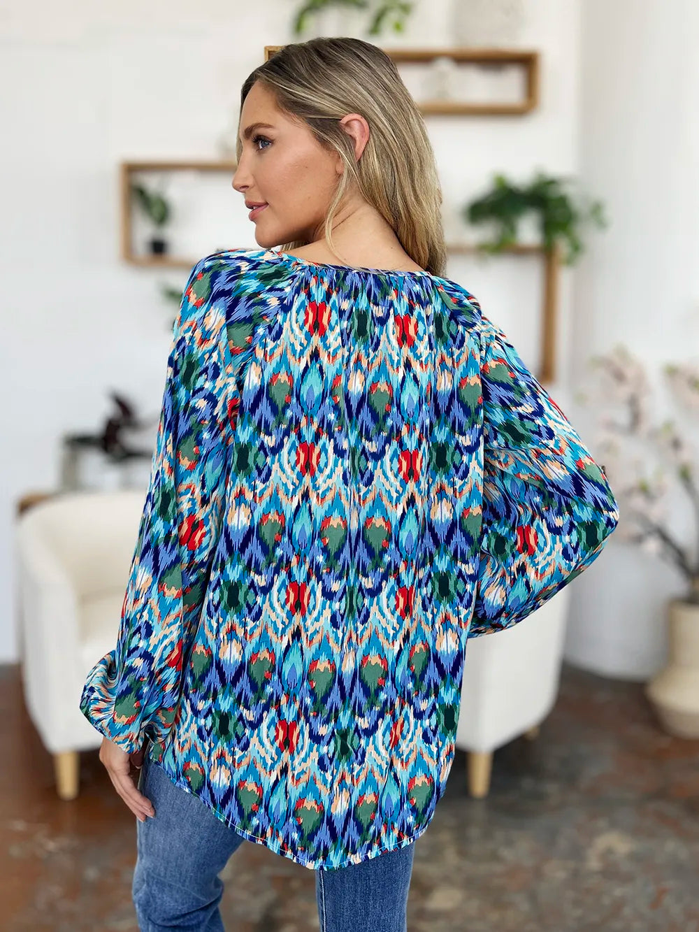 Image of Double Take Full Size Printed Balloon Sleeve Blouse | Queeble.shop