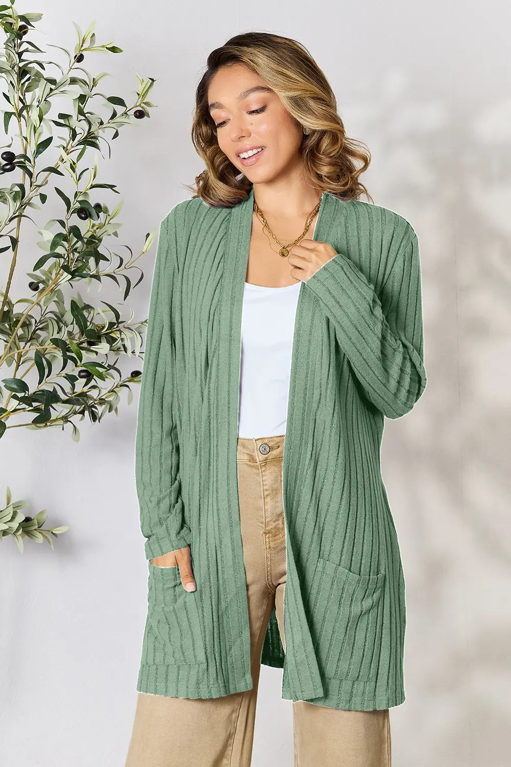 Image of Basic Bae Full Size Ribbed Open Front Cardigan with Pockets | Queeble.shop