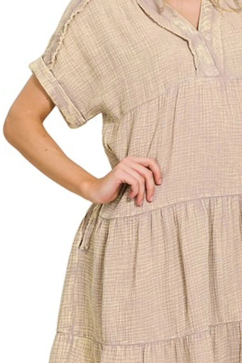 Image of Zenana Washed Double Gauze Raw Edge Notched Dress | Queeble.shop