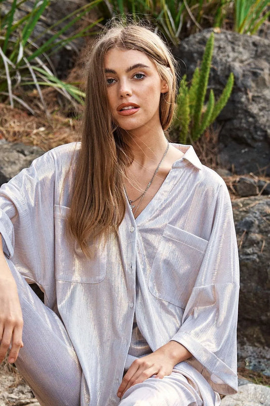 Image of Davi & Dani Solid Sparkling Shimmer Pocket Button Front Shirt | Queeble.shop
