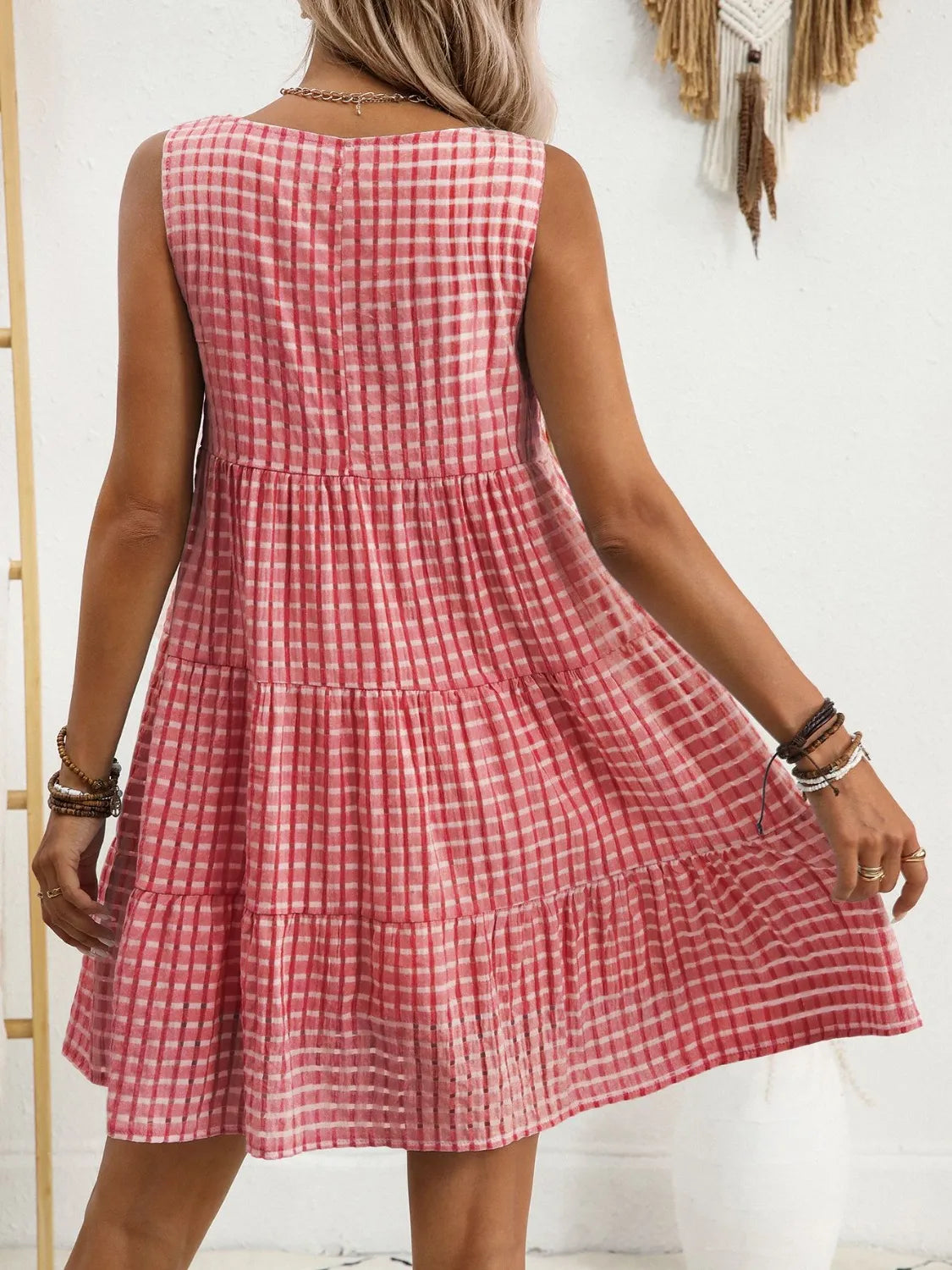 Image of Plaid Round Neck Sleeveless Mini Dress | Queeble.shop
