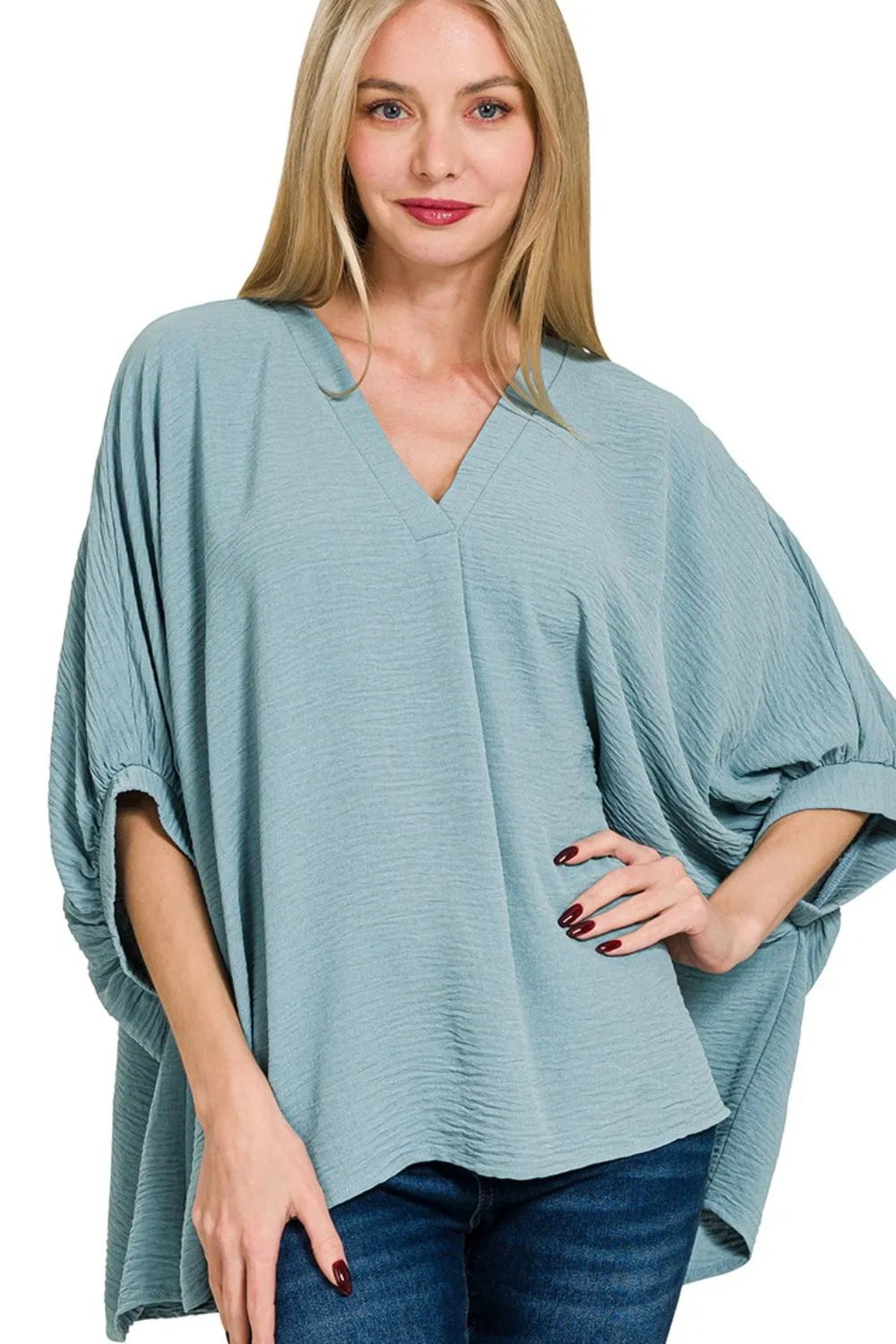 Image of Zenana Woven Airflow V-neck Puff Half Sleeve Top | Queeble.shop