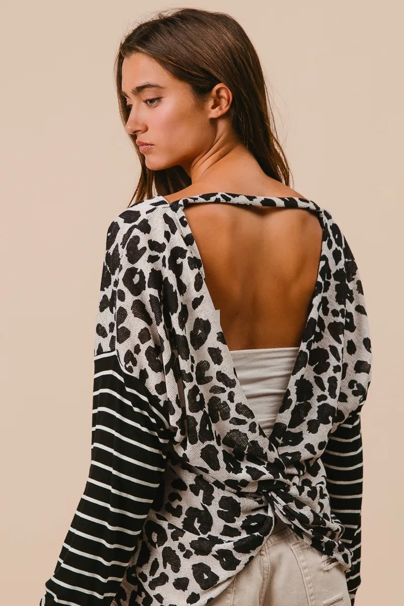Image of BiBi Leopard Hacci Knit Twist Back Top With Stripe Sleeve | Queeble.shop